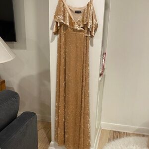 Shein size S champagne crushed velvet wrap off the shoulder dress with tie back